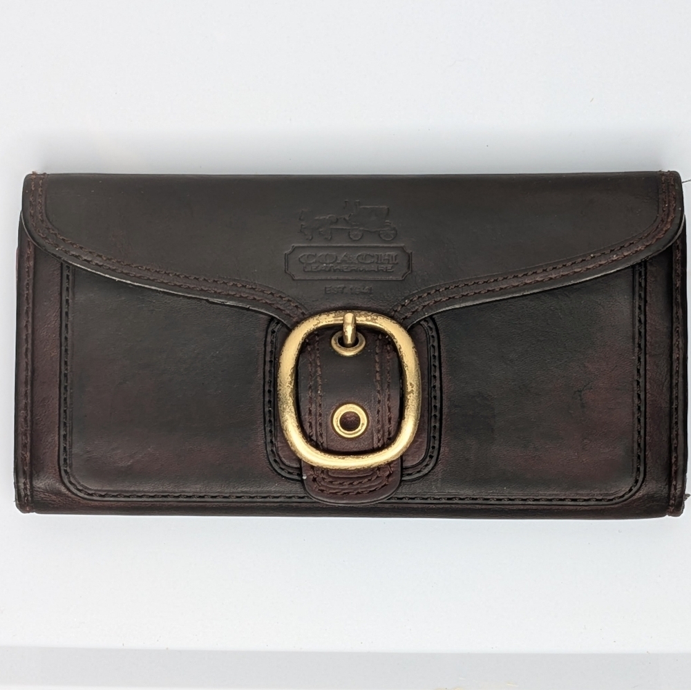 Vintage Coach Bleeker Dark Brown Smooth Leather Tattersall Buckle Long Wallet - Picture 2 of 16